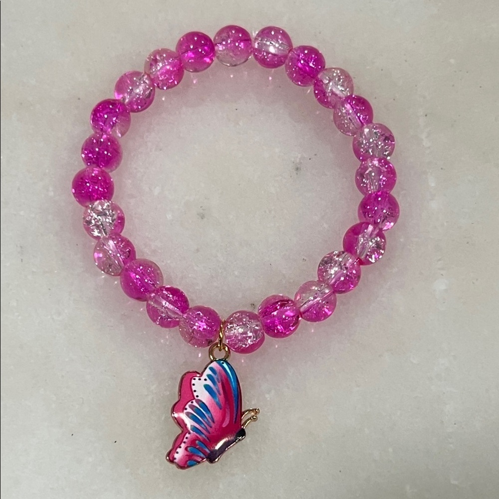 Pink Beaded Bracelet with Butterfly Charm